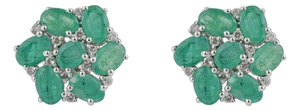 925 Silver 6.21 Ct Emerald and Diamond Floral Cluster Stud Earrings, a Pair