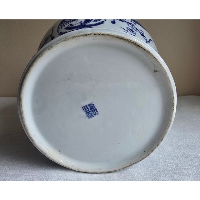 Pair of Early 20th Century Antique Asian Blue & White Temple Jars Phoenix Dragon For Sale - Image 9 of 12