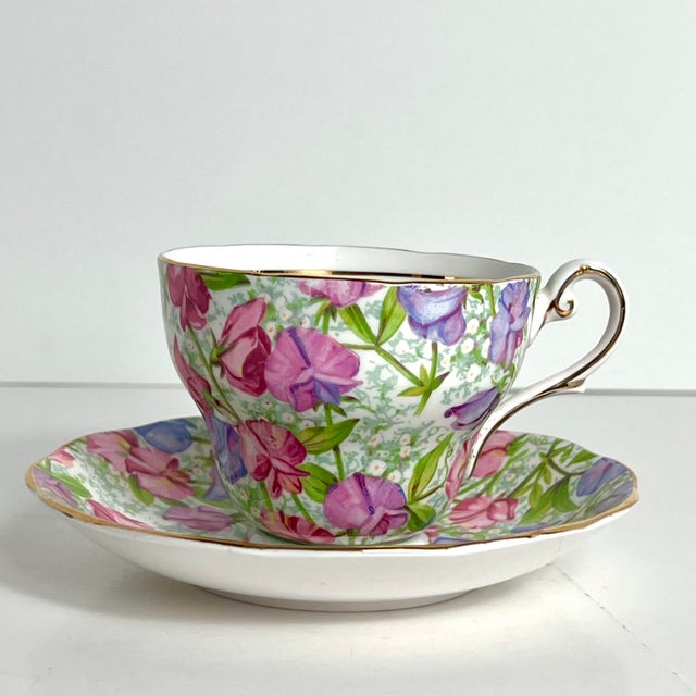 Reserved - Vintage Sweet Pea Tea Cup & Saucer, April Birthday Flower of the Month, Royal Standard Bone China, England For Sale - Image 4 of 7