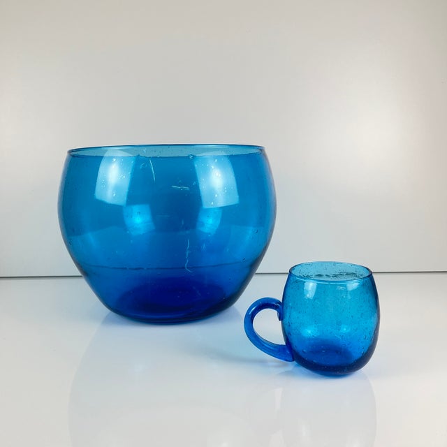 Cobalt Blue Bubbled Glass Punch Set in the style of Biot, 1970, Set of 10 For Sale - Image 4 of 14