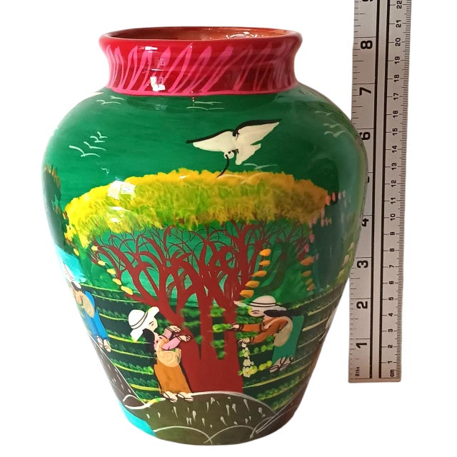 Green Vintage Mexican Folk Art Vase Handpainted Terracotta Colorful Green Blue Red Glossy 8" X 7" For Sale - Image 8 of 15