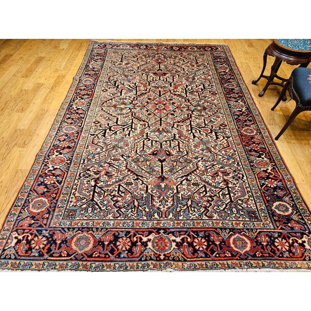 Textile Vintage Heriz Serapi Rug, Hand-Knotted Wool, Allover Geometric Pattern, Ivory & Red, 7x10 For Sale - Image 7 of 18