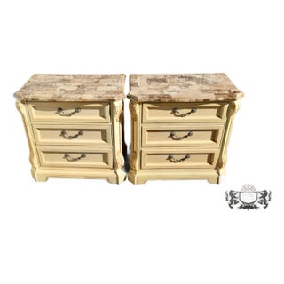 Thomasville Marble Top Nightstands 3 Drawer Cream Carved Wood Pair Vintage For Sale