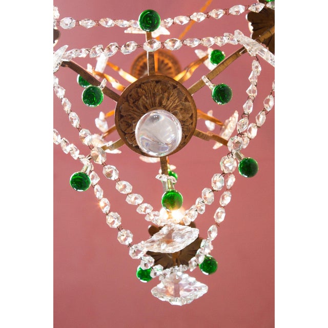 Gold Antique French Chandelier with Bronze Drops and Green Crystal, 1960s For Sale - Image 8 of 9