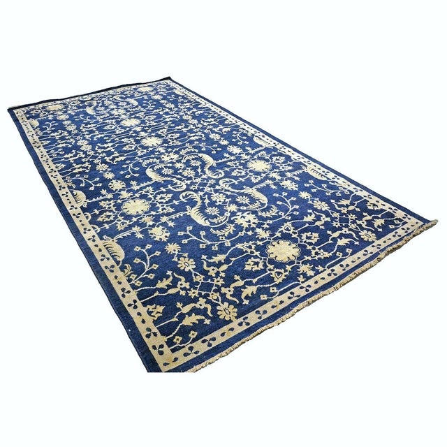 Islamic Afghan Sultanabad Wool 6x10 Navy Blue & Ivory Handmade Area Rug #1144038 For Sale - Image 3 of 6