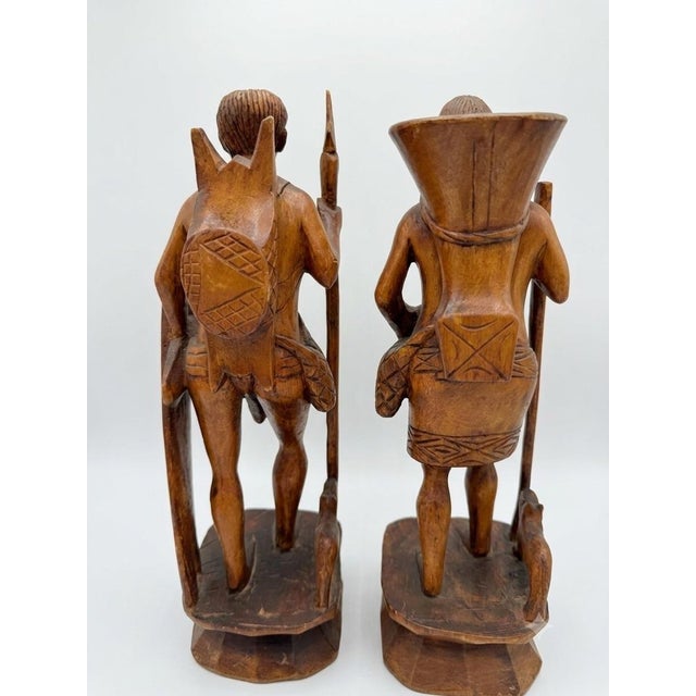 Vintage Mid-Century Philippine Igorot Hand-Carved Wood Tribal Statues – Pair (Male Warrior & Female Gatherer) For Sale - Image 4 of 5