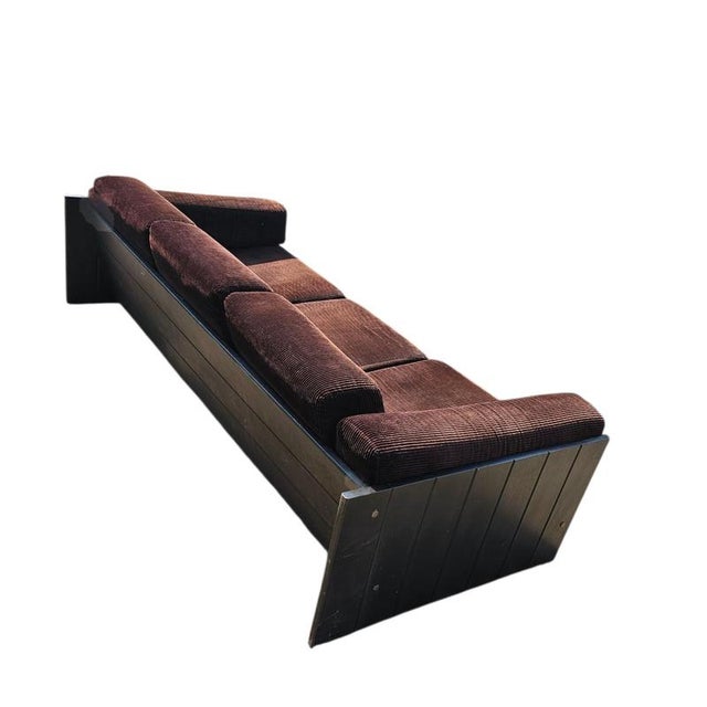 Industrial Industrial Three Seater Sofa with Wooden Frame and Cushions in Dark Brown Corduroy, 1970s For Sale - Image 3 of 4