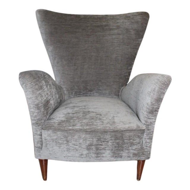 High-Back Armchair in Grey Velvet, 1950s For Sale