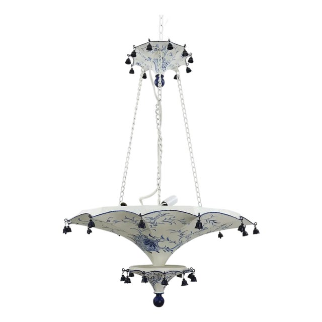 Vintage Two Tiers Upside Down Umbrella Ceiling Chandelier With Bells, White/ Blue in Arabasic Design Style For Sale