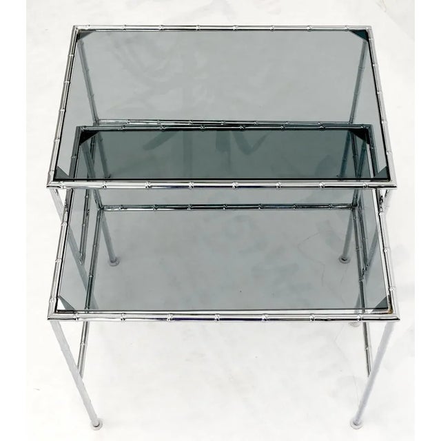 Pair of Chrome Faux Bamboo Smoked Glass Tops Nesting Tables For Sale - Image 10 of 13