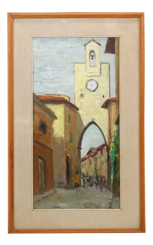 Umberto Lorini, Bell Tower in Borgo San Lorenzo, 1960, Oil Painting, Framed