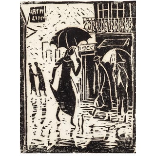 Irene Awret, Woodblock Print Polish Israeli Artist Azriel Awret Rainy Street Jerusalem Israel For Sale