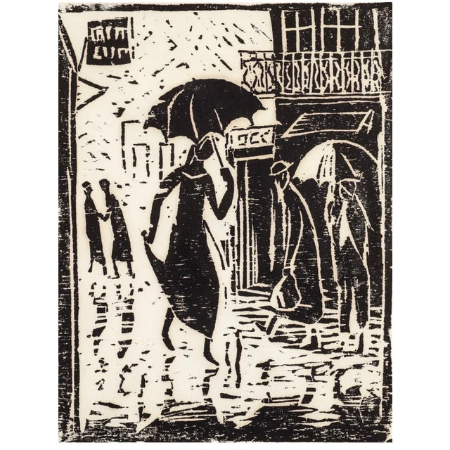 Irene Awret, Woodblock Print Polish Israeli Artist Azriel Awret Rainy Street Jerusalem Israel For Sale