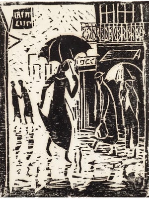 Irene Awret, Woodblock Print Polish Israeli Artist Azriel Awret Rainy Street Jerusalem Israel