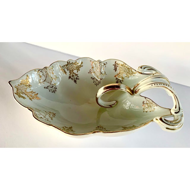 Rare Antique German Sitzendorf, Voigt Brothers Porcelain 'Dresden Style' Bowl, Vide Poche, With Ornate Handle and Intricate, Filigreed Gilt Detailing For Sale - Image 11 of 12