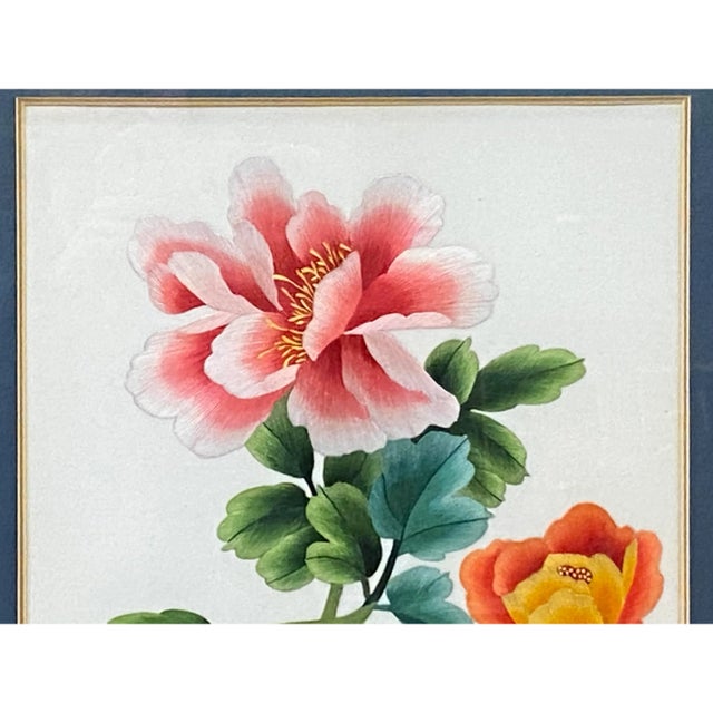 Wood Oriental Chinese Peony Flower Embroidery Framed Wall Decor For Sale - Image 7 of 7