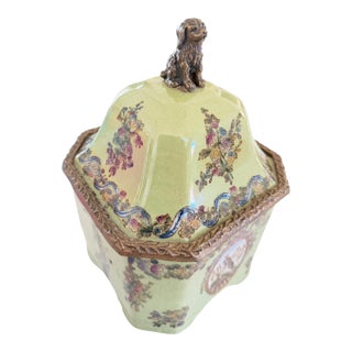 Chinoiserie Style Crackle Glaze Porcelain Lidded Jar With Dog Finial For Sale