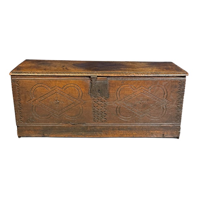 Antique English Carved Oak Trunk, 1650 For Sale