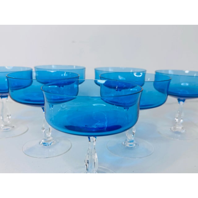 Vintage 1960s Periwinkle Blue Glass Coupes, Set of 7 For Sale - Image 4 of 5