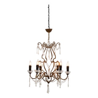 20th Century Italian Rococo Revival Gilt Metal Chandelier With Glass Drops For Sale