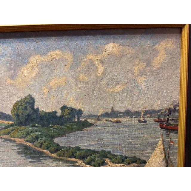 Blue Fritz Zimmer, Harbor in Düsseldorf, Oil Painting on Canvas For Sale - Image 8 of 13