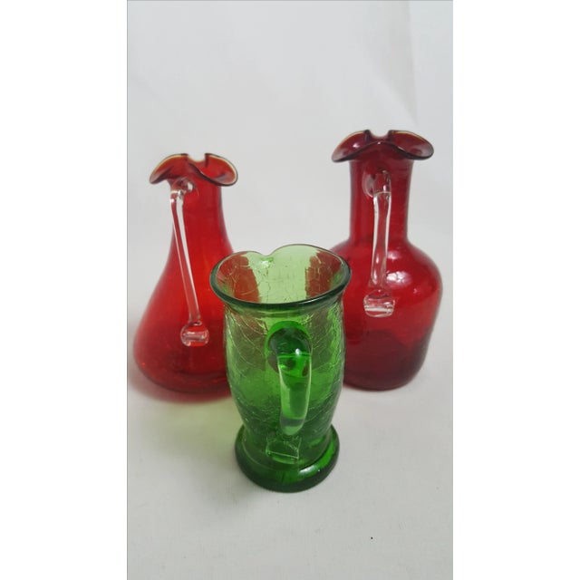 2 Red and 1 Green Crystal Crackle Glass Pitchers For Sale - Image 4 of 5