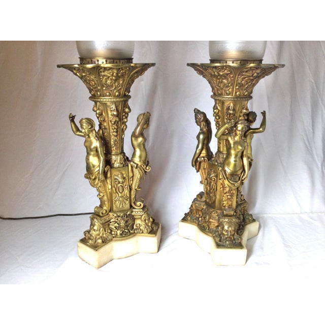 1900 Bronze and Marble Large Garniture Lamps - a Pair For Sale - Image 11 of 16