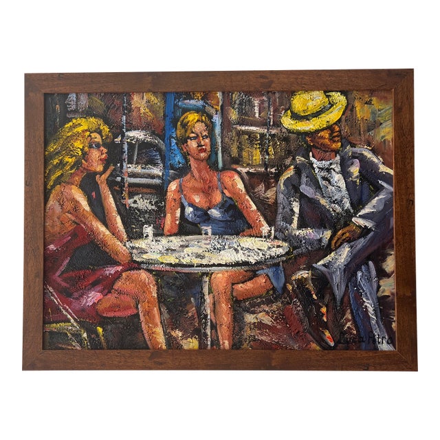 1980s Oil on Board American School Modern Figurative Framed Signed Titled at the Club For Sale