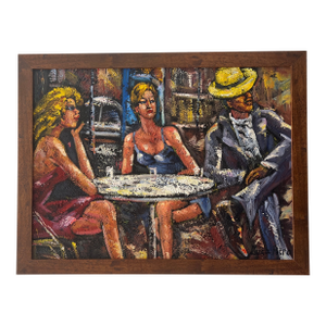 1980s Oil on Board American School Modern Figurative Framed Signed Titled at the Club