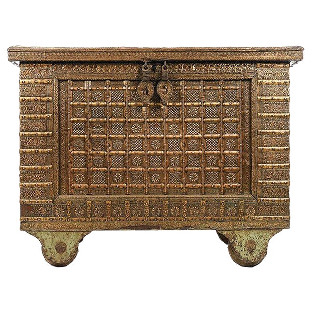 Antique Wood Chest with Steel and Brass Fittings, 1840s For Sale