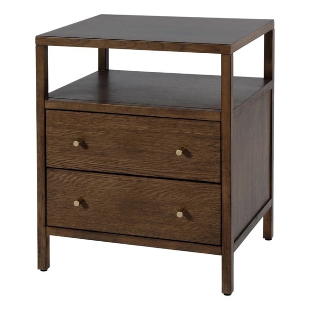 Mendel 21.25 in. W Rectangular Wood 2 Drawer Narrow Nightstand with Open Shelf, Walnut For Sale