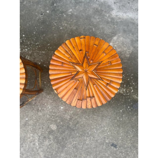 Brown Late 20th Century Rattan and Bamboo Pair of Barrel Side Tables With Inset Star Top For Sale - Image 8 of 12