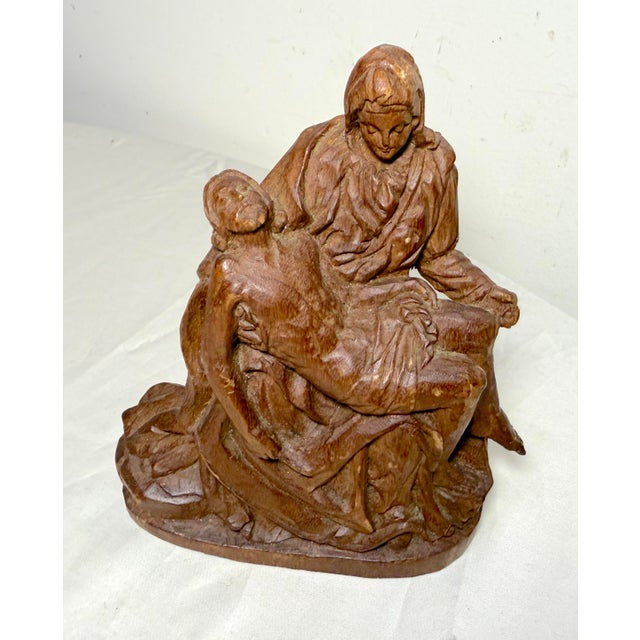 1920s Antique Hand Carved Wood Folk Art Religious Jesus Christ Sculpture Pieta Statue For Sale - Image 5 of 13