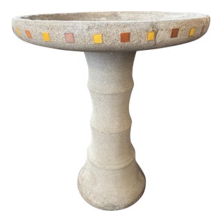 1920s Hillside Pottery Concrete Birdbath With Orange & Yellow Tile Accents For Sale