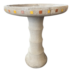 1920s Hillside Pottery Concrete Birdbath With Orange & Yellow Tile Accents