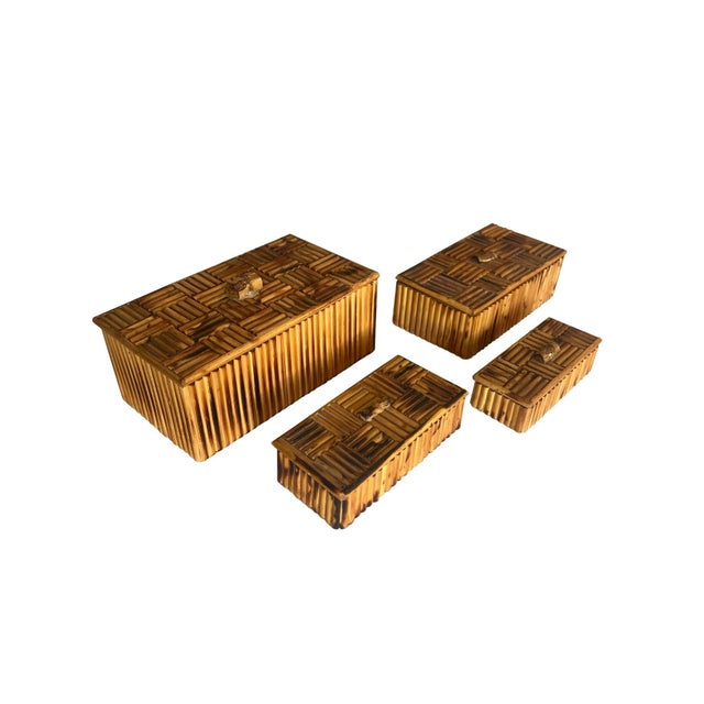 Vintage Bamboo Parquet Boxes With Bamboo Root Pulls, Graduated - Set of 4 For Sale - Image 11 of 13