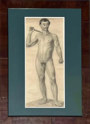 Large Antique Male Nude Art Study Drawing From Paris, Framed in Italy