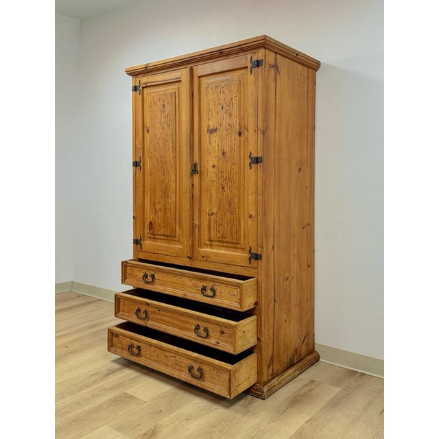Vintage Armoire Knotty Pine Mexican Iron Hardware Coat Rack Three Drawer For Sale - Image 13 of 18