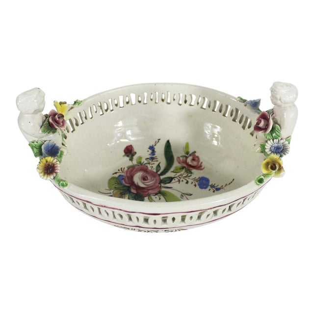 1930’s Italian Renaissance Revival Nove Rose Hand Painted Serving Bowl With Cherubs Made in Italy Nova Rose Floral Faïence Ceramic For Sale