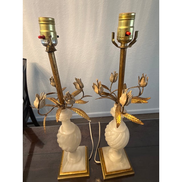 Metal 1950s Alabaster Balustraude Gilt Tole Flower Table Lamp - a Pair For Sale - Image 7 of 7