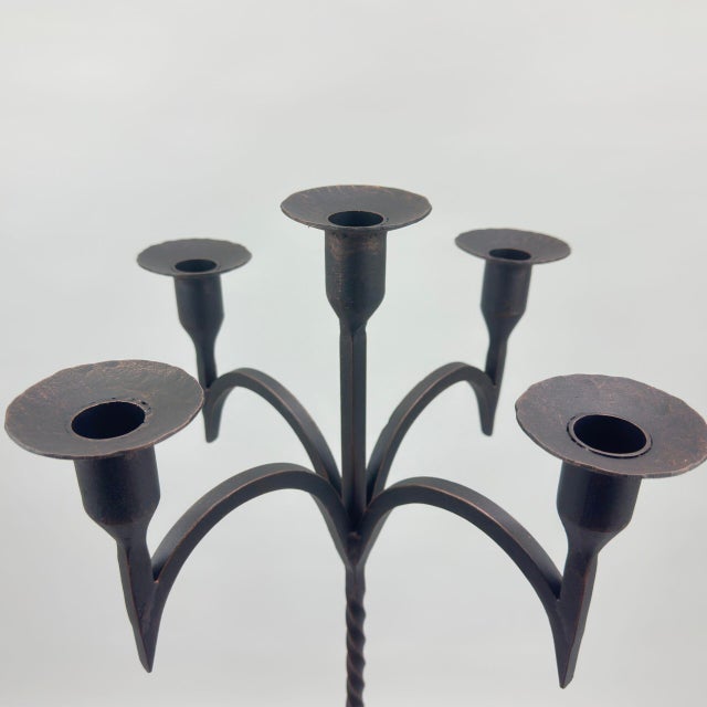 Gothic Hand Forged Wrought Iron Floor Candelabra 50″ (127cm) Antique Copper Patina 5-Arm Candle Holder Gothic Medieval Church Decor For Sale - Image 3 of 7