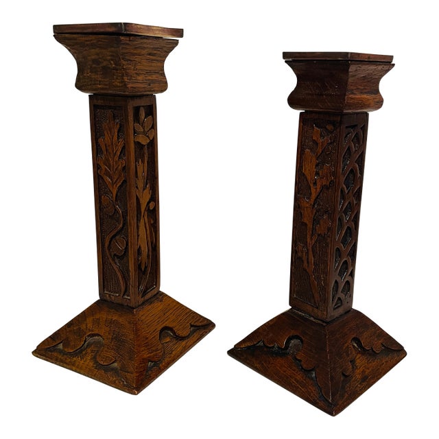 Set of Arts and Crafts Carved Candlesticks For Sale