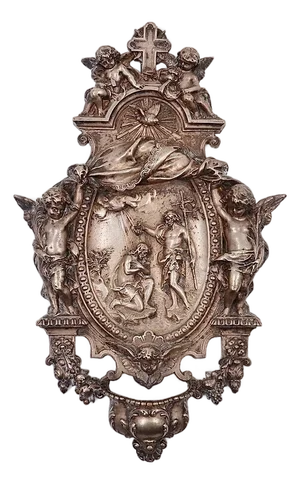 Silver-Plated Baptism of Christ Holy Water Font in Copper, 19th Century