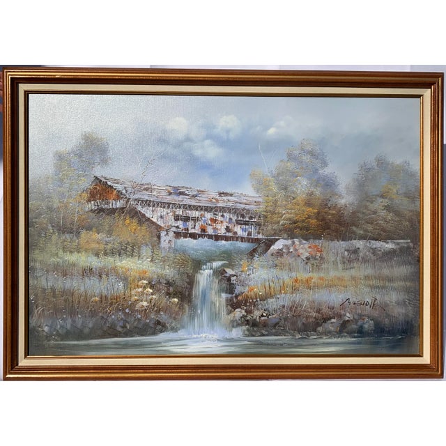 Wood Blue Waterfall Painting In. Wood Frame For Sale - Image 7 of 8