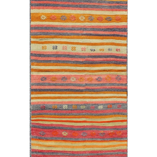 Tribal Mid 20th Century Mid 20th Century Vintage Turkish Kilim Runner With Geometric Tribal Designs and Colorful Stripes For Sale - Image 3 of 8