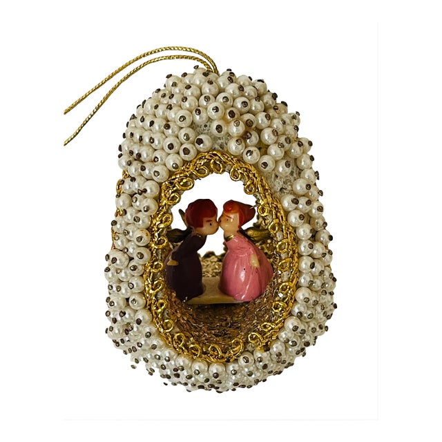 Vintage Egg Ornament Beaded Kissing Angels Easter Christmas For Sale