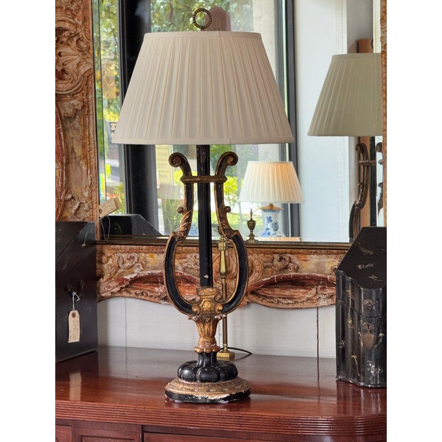 Italian Vintage Italian Ebonized and Gilt Lyre Form Lamp For Sale - Image 3 of 12