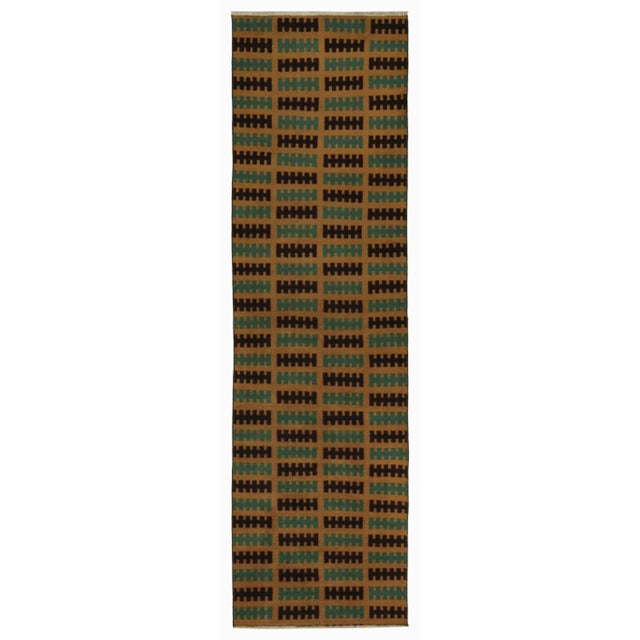 Teal Vintage Zeki Müren Runner in Ochre, Teal & Black Geometric Pattern - Rug & Kilim For Sale - Image 8 of 8