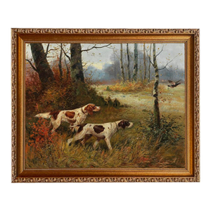 Two Pointing Dogs 11x14" Framed Reproduction Print on Canvas, Gold Florentine Frame