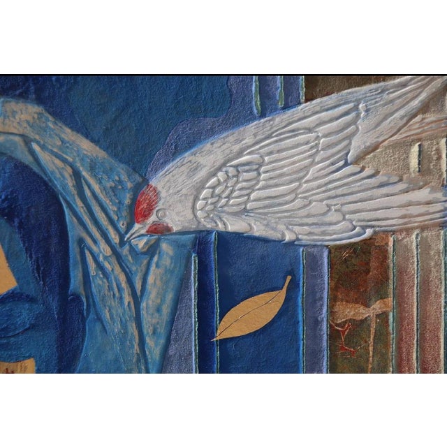 2020s Medium Original Blue Mineral Pigment Painting Male Figures White Bird For Sale - Image 5 of 5